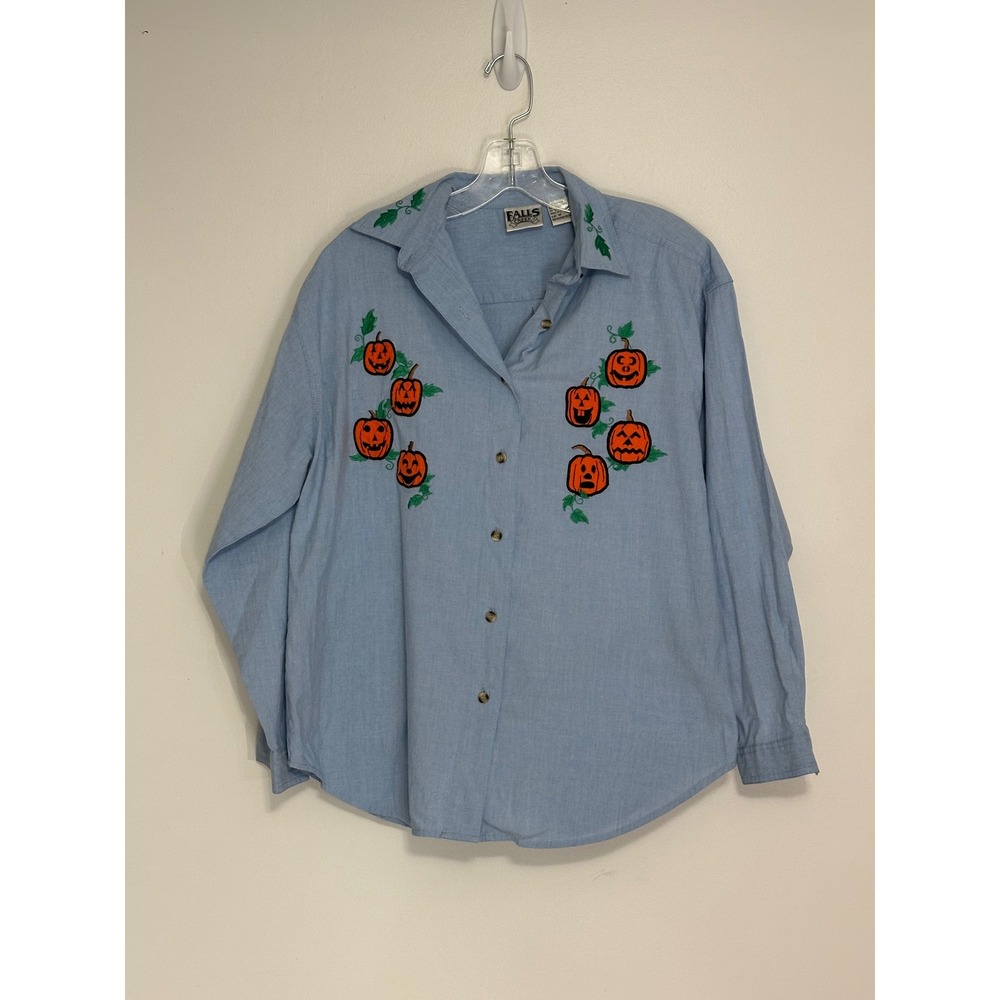 Falls Creek Vintage Halloween Pumpkin Embroidered Button Down Shirt Womens M